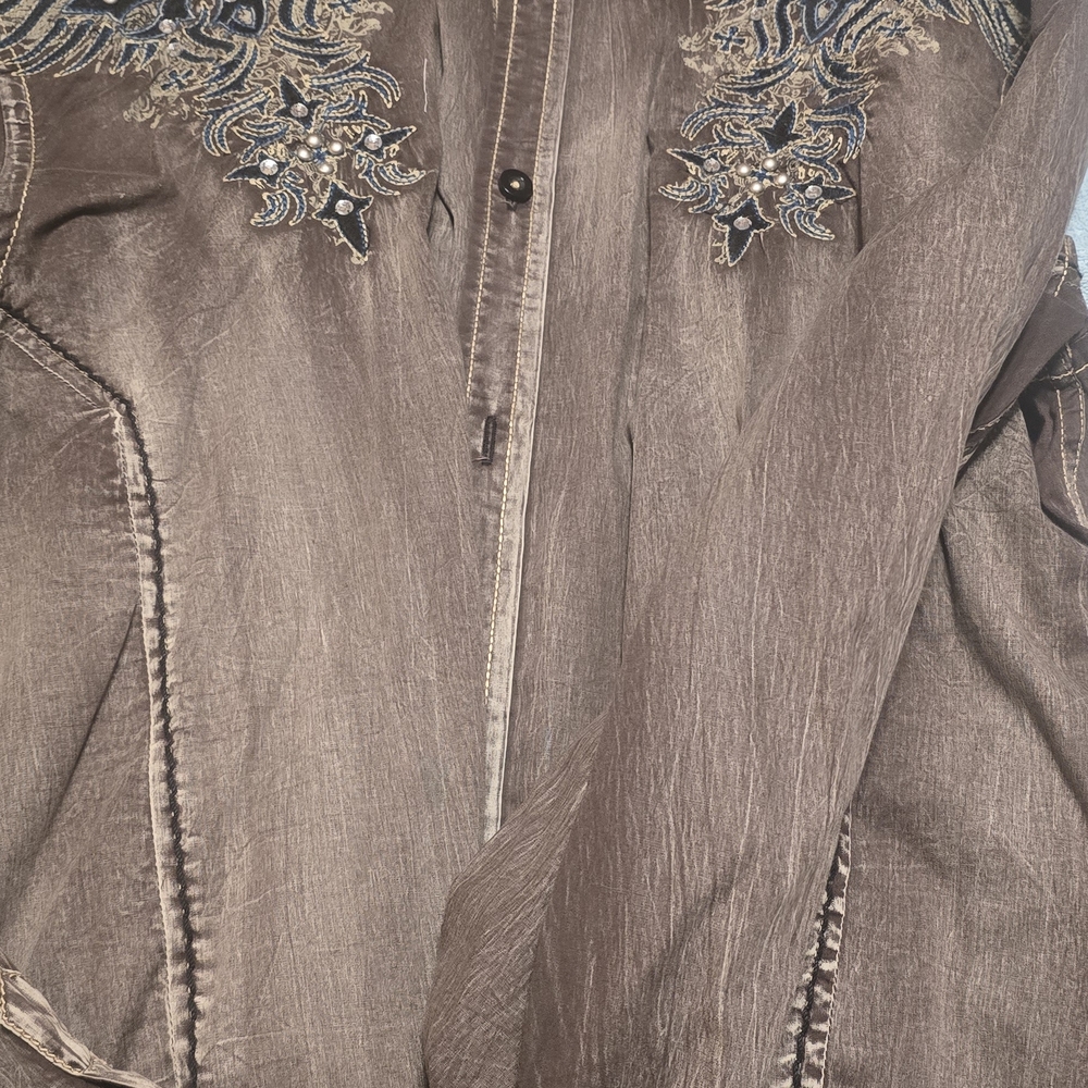Roar Brown Button-Up Shirt with Blue Embroidered Yoke